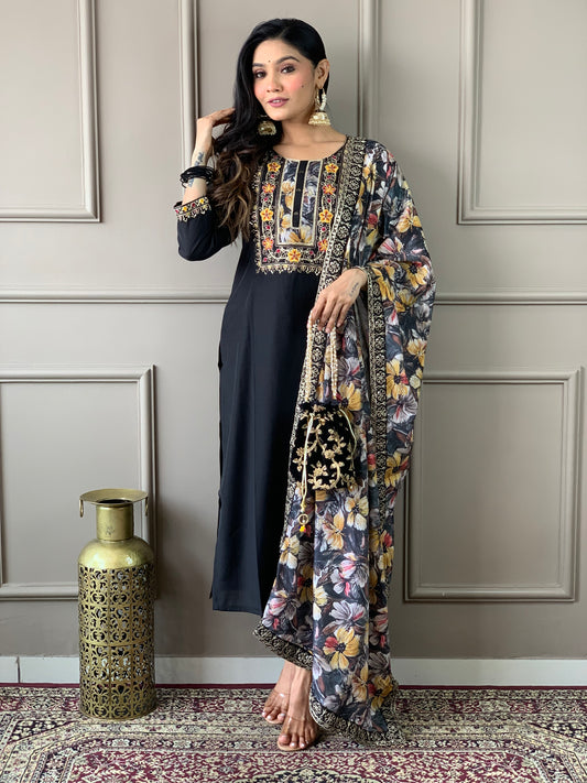 Discover elegance with our beautifully designed black embroidered outfit, featuring intricate floral patterns and a matching dupatta.