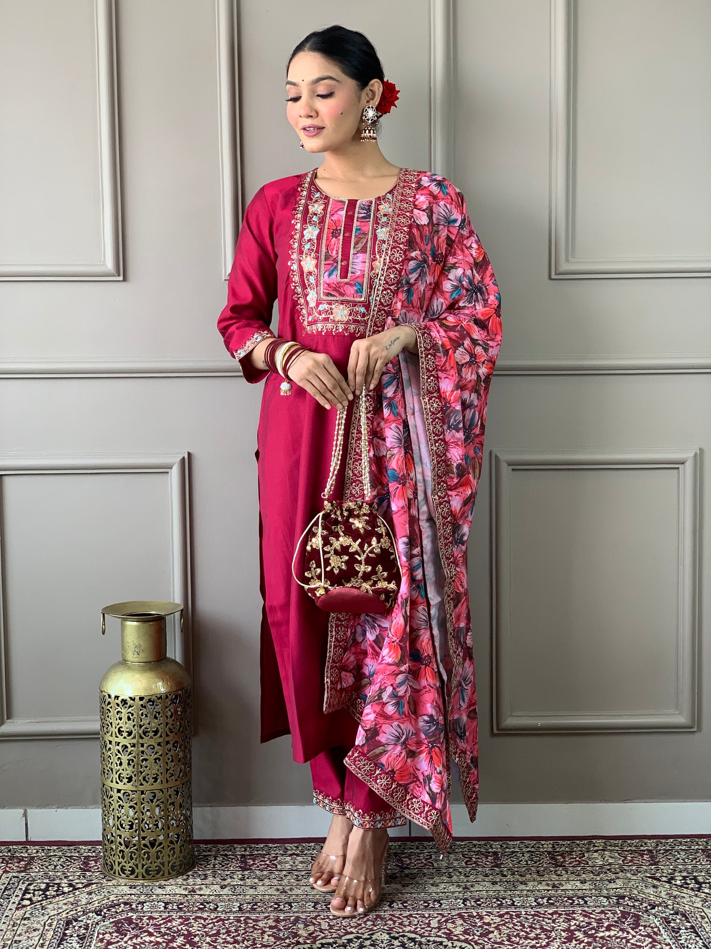 Discover elegance with our beautifully designed black embroidered outfit, featuring intricate floral patterns and a matching dupatta.
