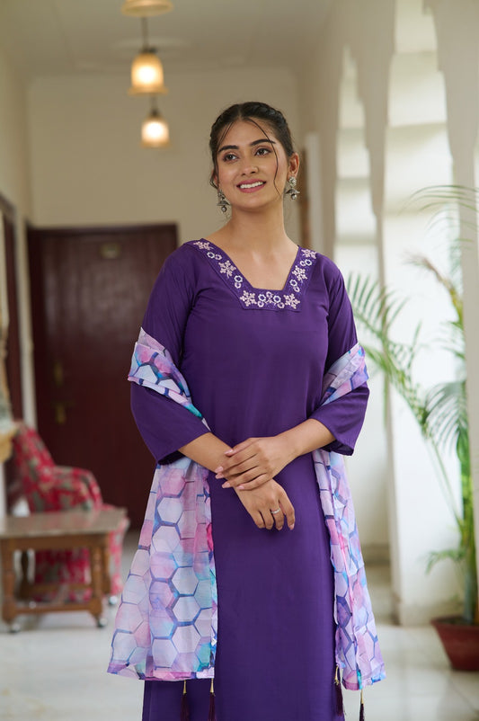 Embrace elegance with this deep purple Kurti set, featuring delicate embroidery on the neckline and a vibrant printed dupatta