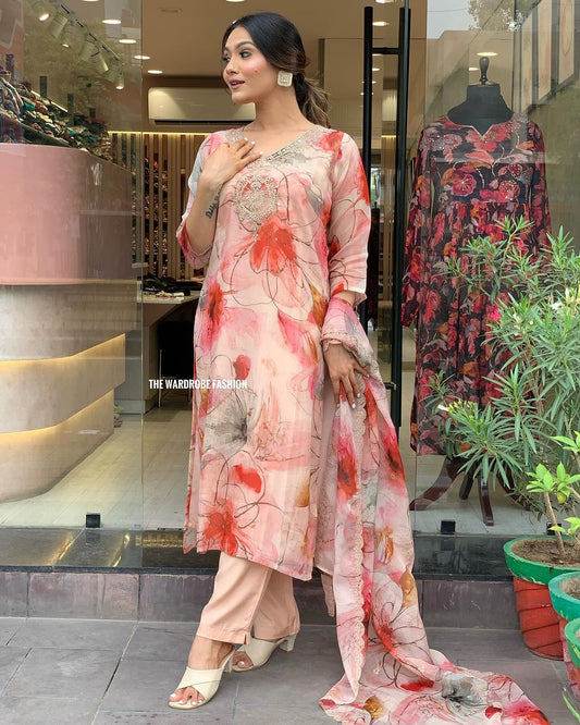Elevate your style with this stunning floral-printed kurti set. Designed in soft pastel hues with delicate embroidery, it exudes elegance and charm