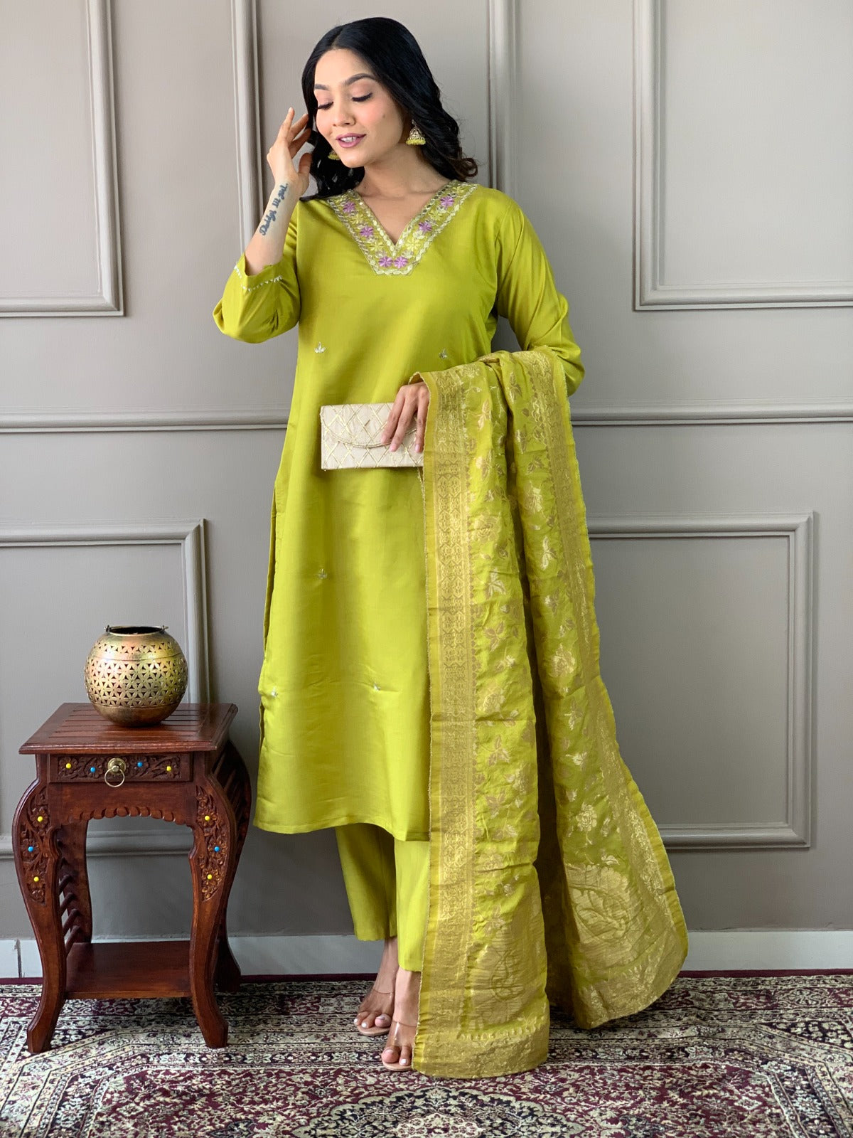 Embrace sophistication with this lime-green kurti set, featuring delicate floral embroidery and a luxurious Banarasi dupatta