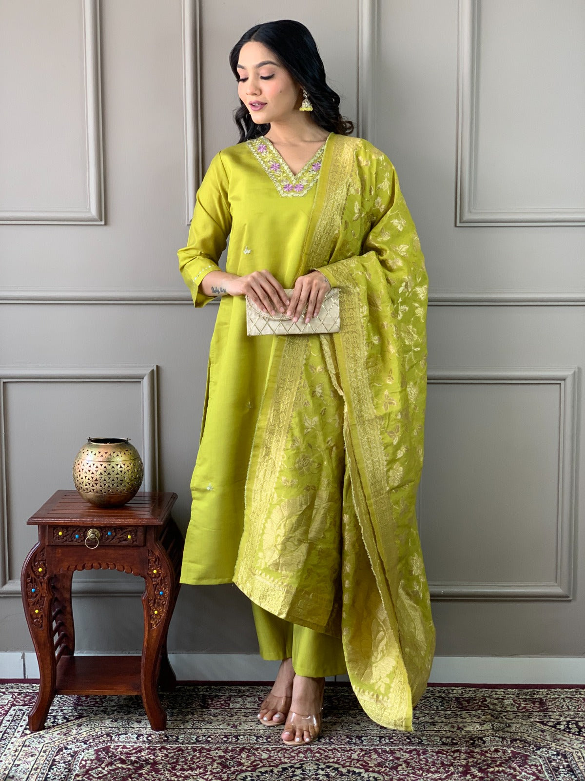 Embrace sophistication with this lime-green kurti set, featuring delicate floral embroidery and a luxurious Banarasi dupatta