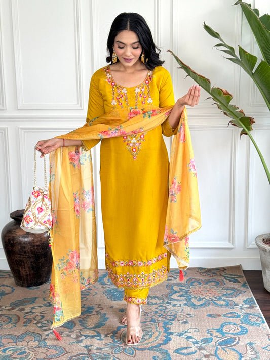 Elevate your style with this vibrant mustard yellow kurti set, adorned with intricate floral embroidery and a beautifully printed dupatta