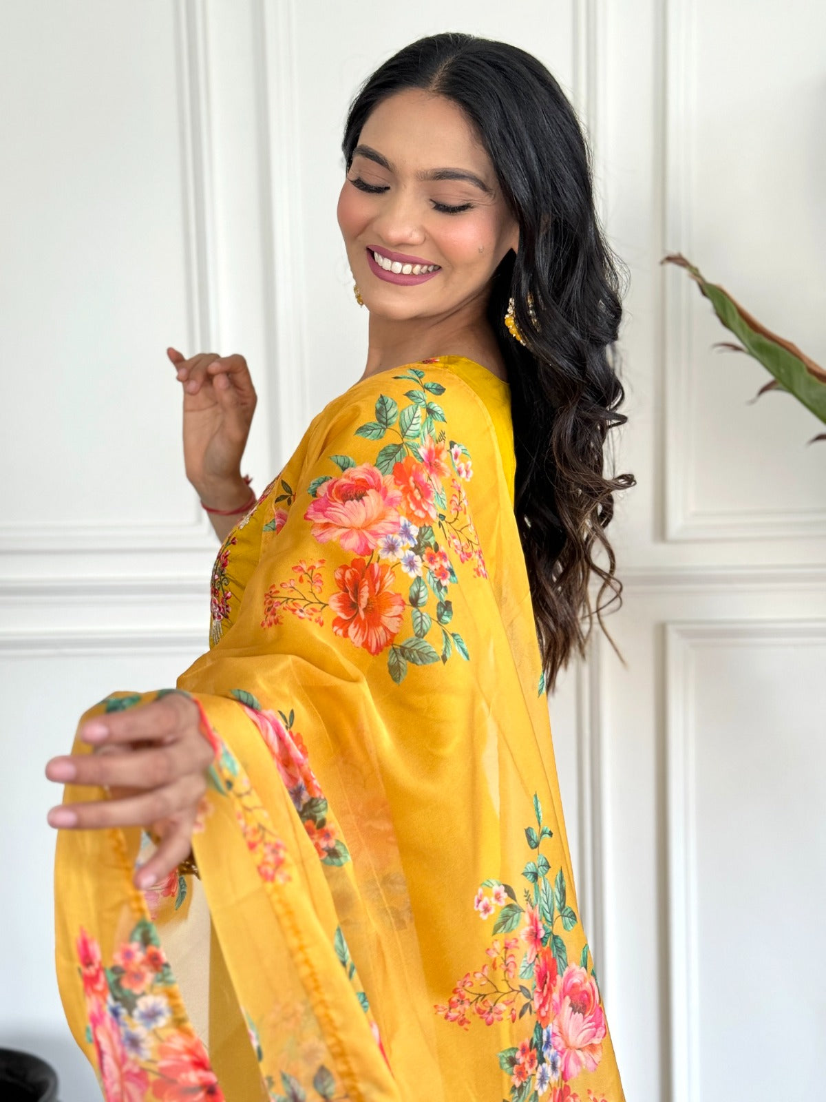 Elevate your style with this vibrant mustard yellow kurti set, adorned with intricate floral embroidery and a beautifully printed dupatta