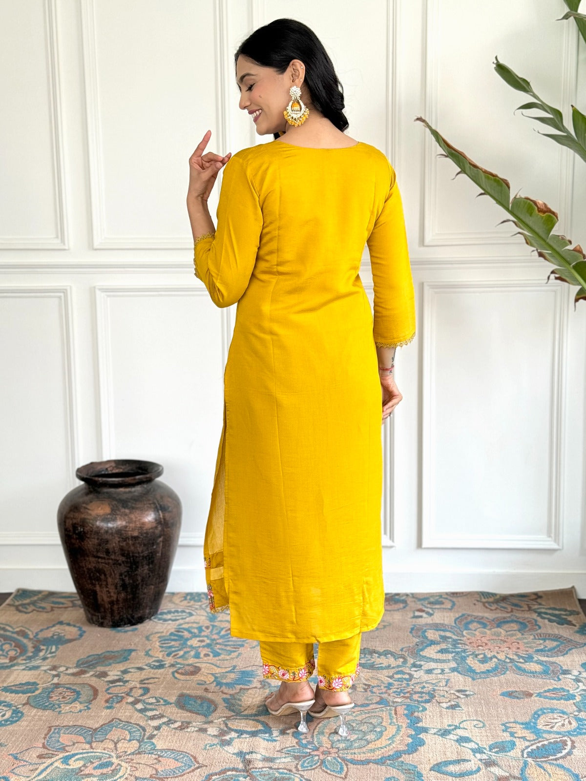 Elevate your style with this vibrant mustard yellow kurti set, adorned with intricate floral embroidery and a beautifully printed dupatta