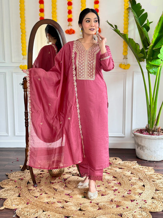 Elevate your ethnic style with this gorgeous rose-pink kurti set, featuring intricate embroidery and a delicate sheer dupatta