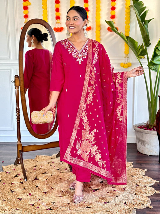 Step into elegance with this exquisite red kurti set, featuring intricate embroidery and a beautifully adorned dupatta