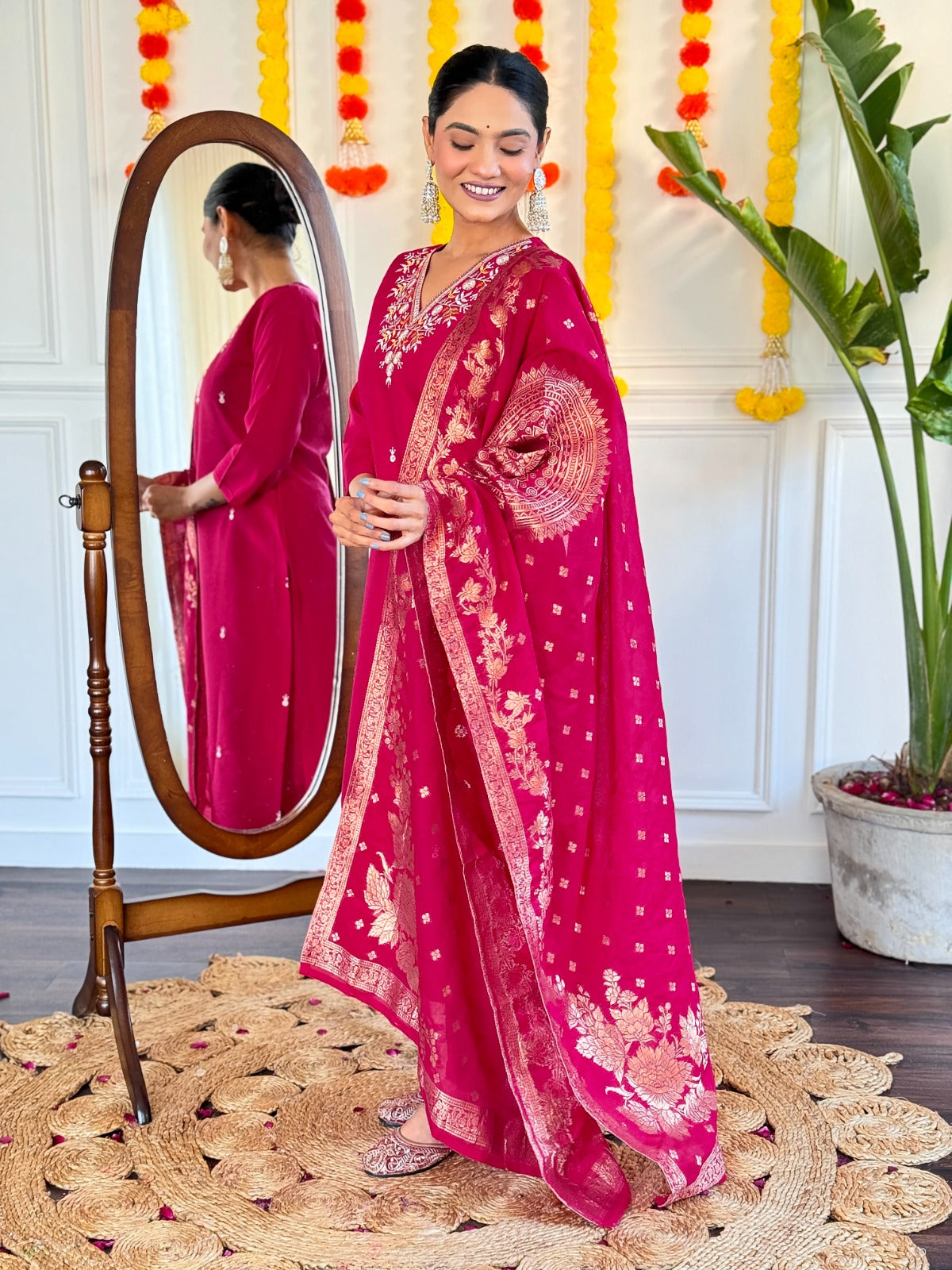 Step into elegance with this exquisite red kurti set, featuring intricate embroidery and a beautifully adorned dupatta
