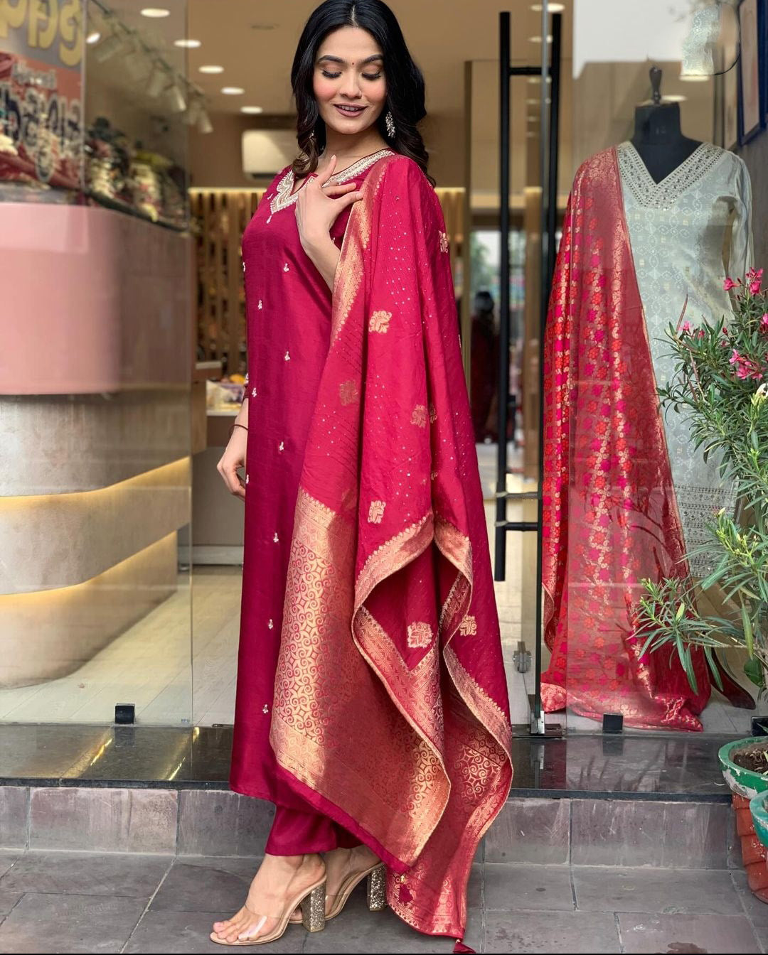 Elevate your style with this elegant maroon,Purpal and lighat pink kurti set, adorned with delicate embroidery and a rich, traditional dupatta