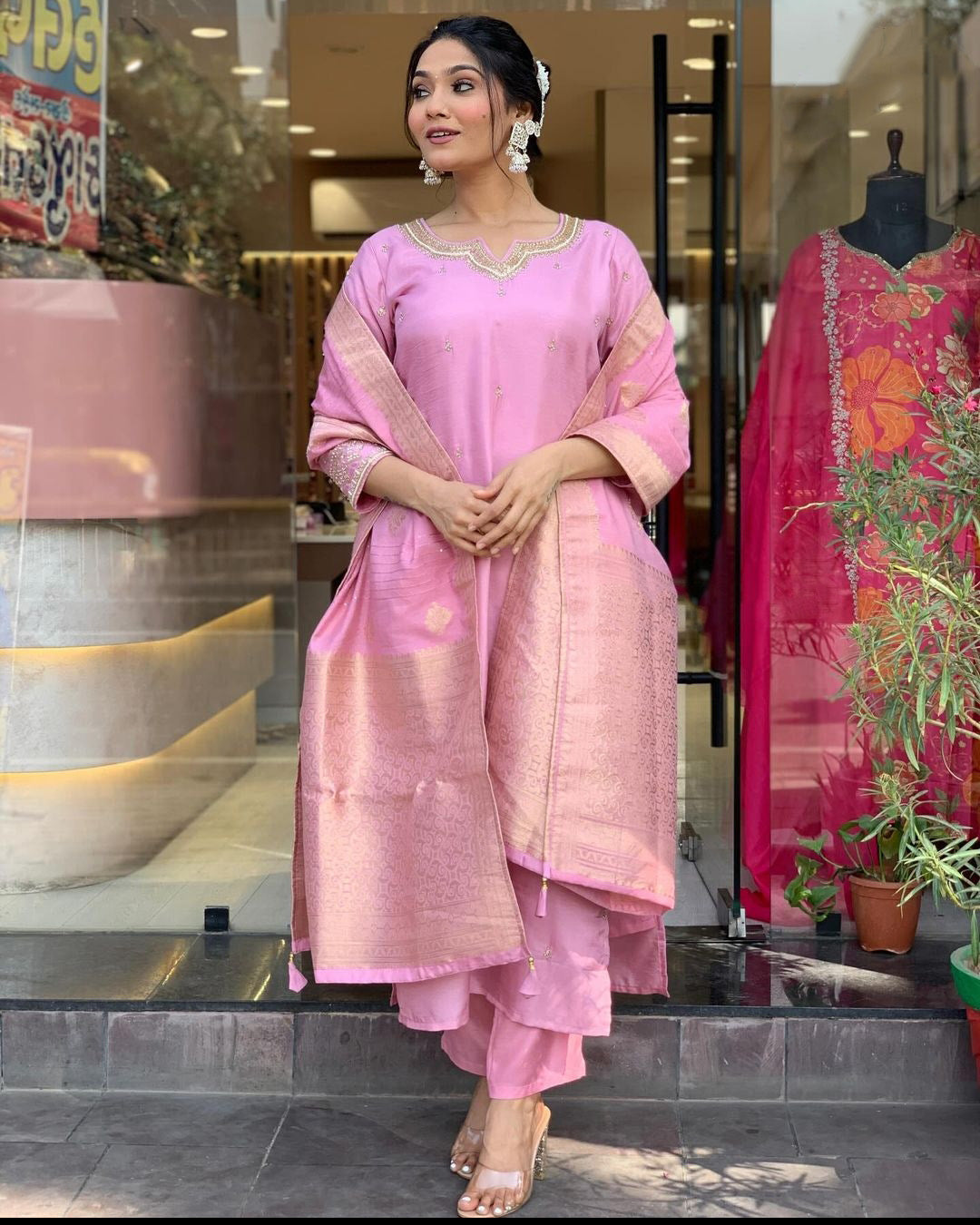 Elevate your style with this elegant maroon,Purpal and lighat pink kurti set, adorned with delicate embroidery and a rich, traditional dupatta