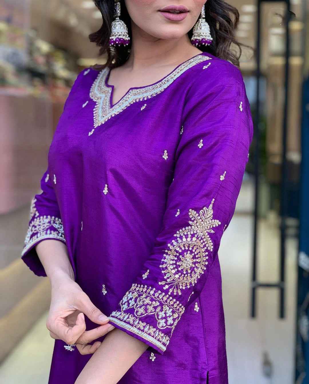 Elevate your style with this elegant maroon,Purpal and lighat pink kurti set, adorned with delicate embroidery and a rich, traditional dupatta