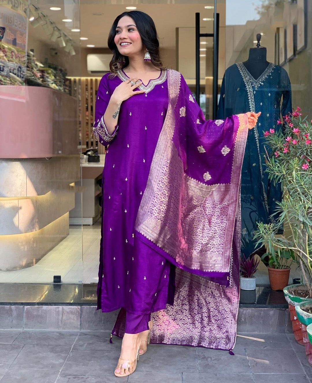 Elevate your style with this elegant maroon,Purpal and lighat pink kurti set, adorned with delicate embroidery and a rich, traditional dupatta