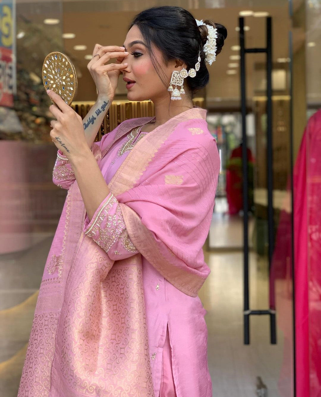 Elevate your style with this elegant maroon,Purpal and lighat pink kurti set, adorned with delicate embroidery and a rich, traditional dupatta