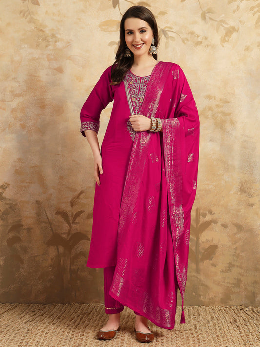 Radiate grace in this stunning magenta kurti set, adorned with intricate embroidery and delicate golden accents