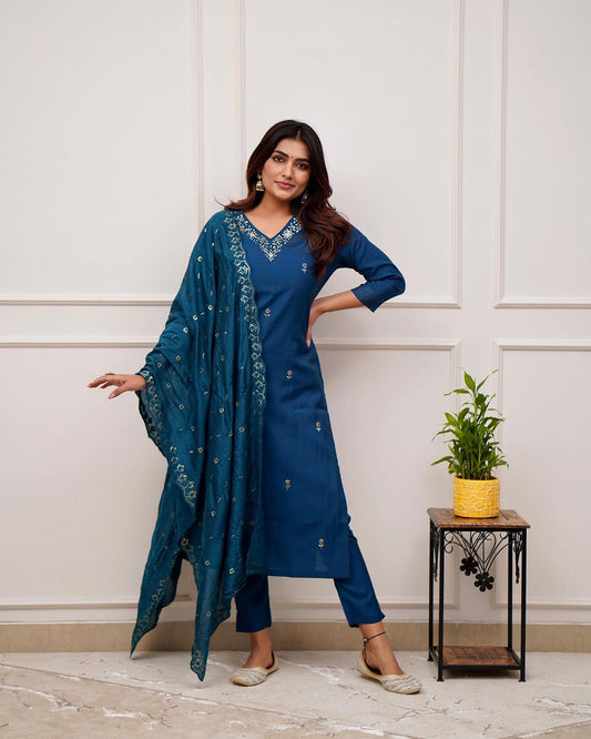 Step into elegance with this stunning deep blue,Yellow and Purpal kurti set, featuring intricate embroidery and a beautifully detailed dupatta