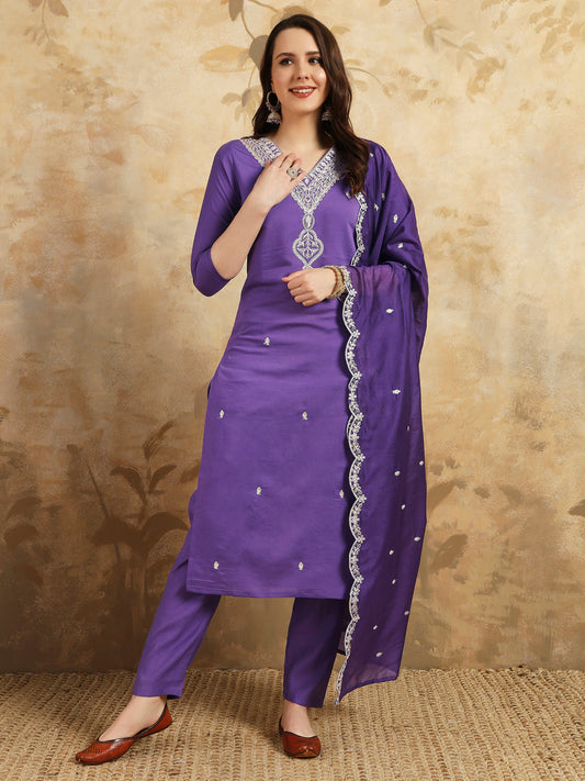 Elevate your style with this stunning purple kurta set, featuring intricate, white embroidery along the neckline and a matching dupatta