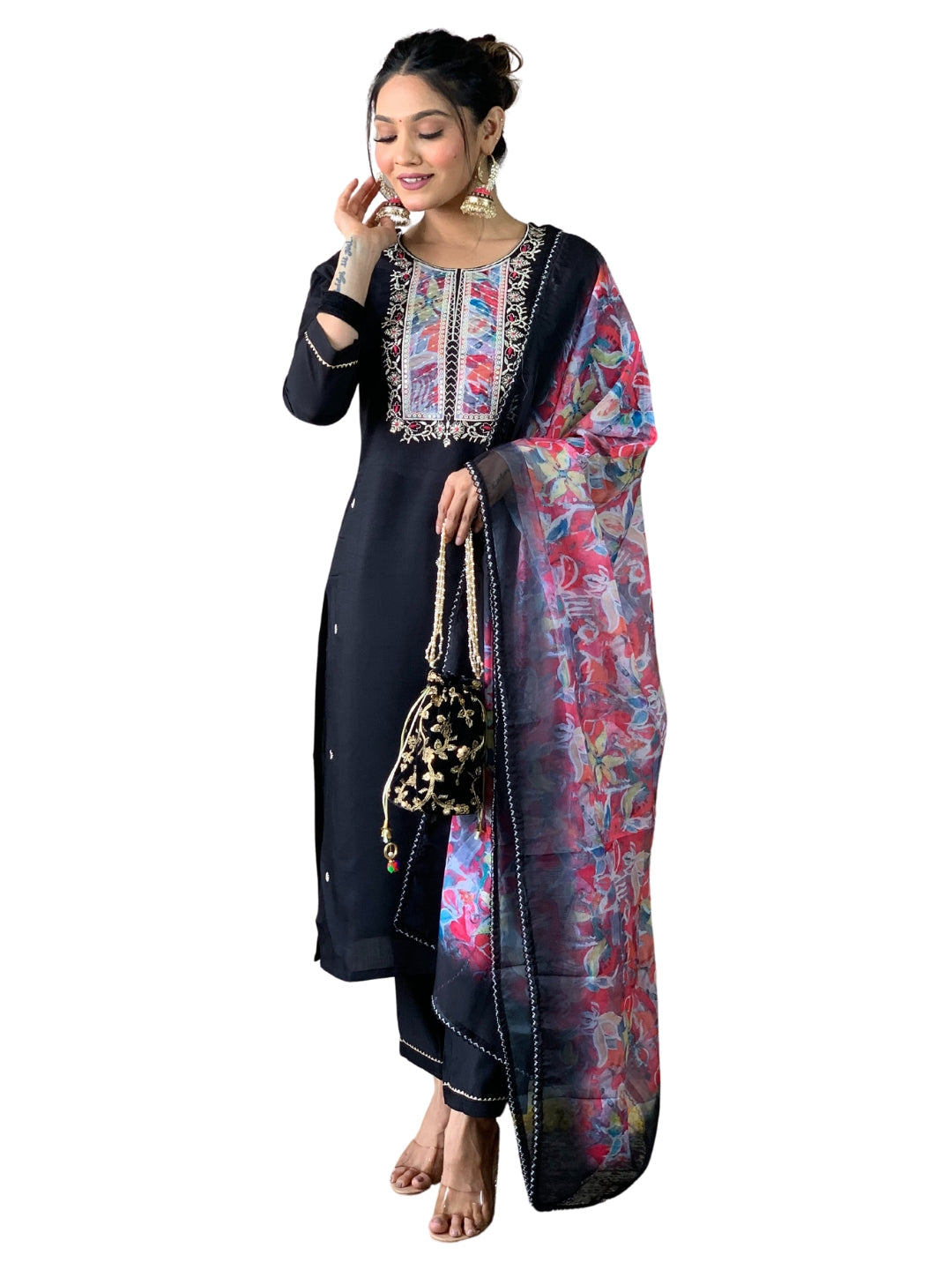 Make a statement with this elegant black kurta set, featuring delicate pearl embellishments and a striking floral dupatta