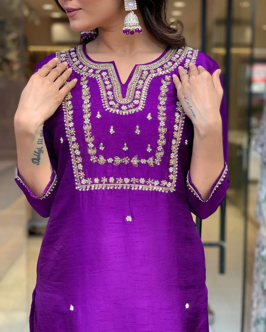 Radiate confidence in this stunning kurti set, adorned with delicate embroidery and paired with a rich, traditional dupatta.