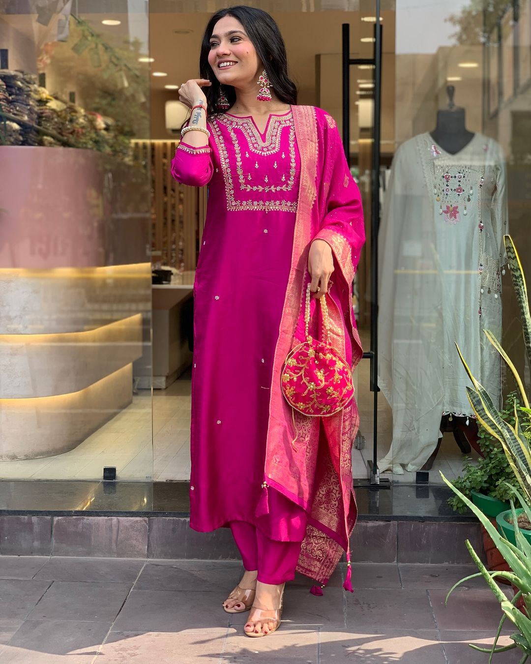 Radiate confidence in this stunning kurti set, adorned with delicate embroidery and paired with a rich, traditional dupatta.