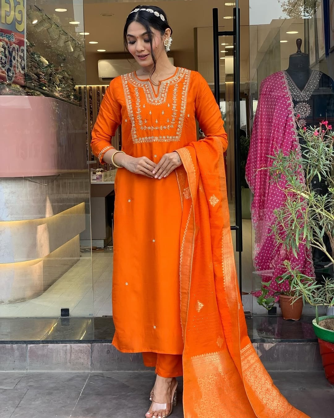Radiate confidence in this stunning kurti set, adorned with delicate embroidery and paired with a rich, traditional dupatta.