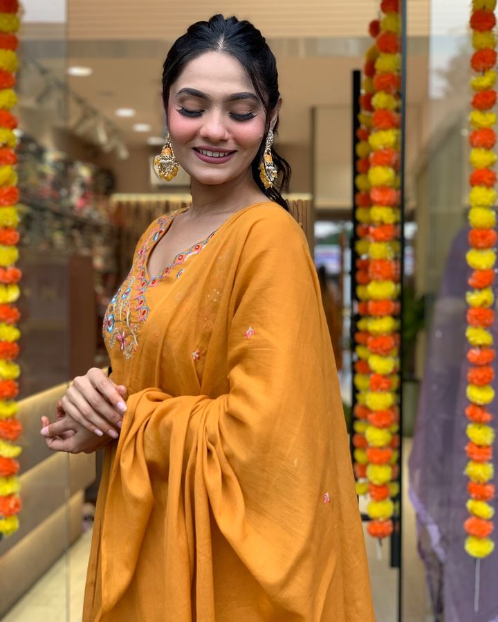 Elevate your ethnic wardrobe with this stunning mustard Anarkali kurta set