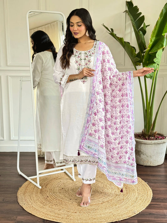 Embrace elegance with this white floral embroidered kurti set, paired with a charming printed dupatta
