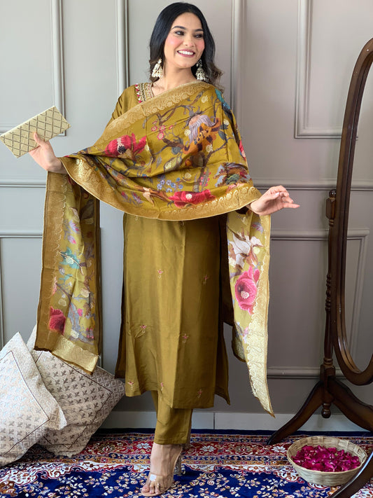 Grace meets tradition in this stunning olive-green Kurti set, adorned with delicate embroidery and a richly printed dupatta