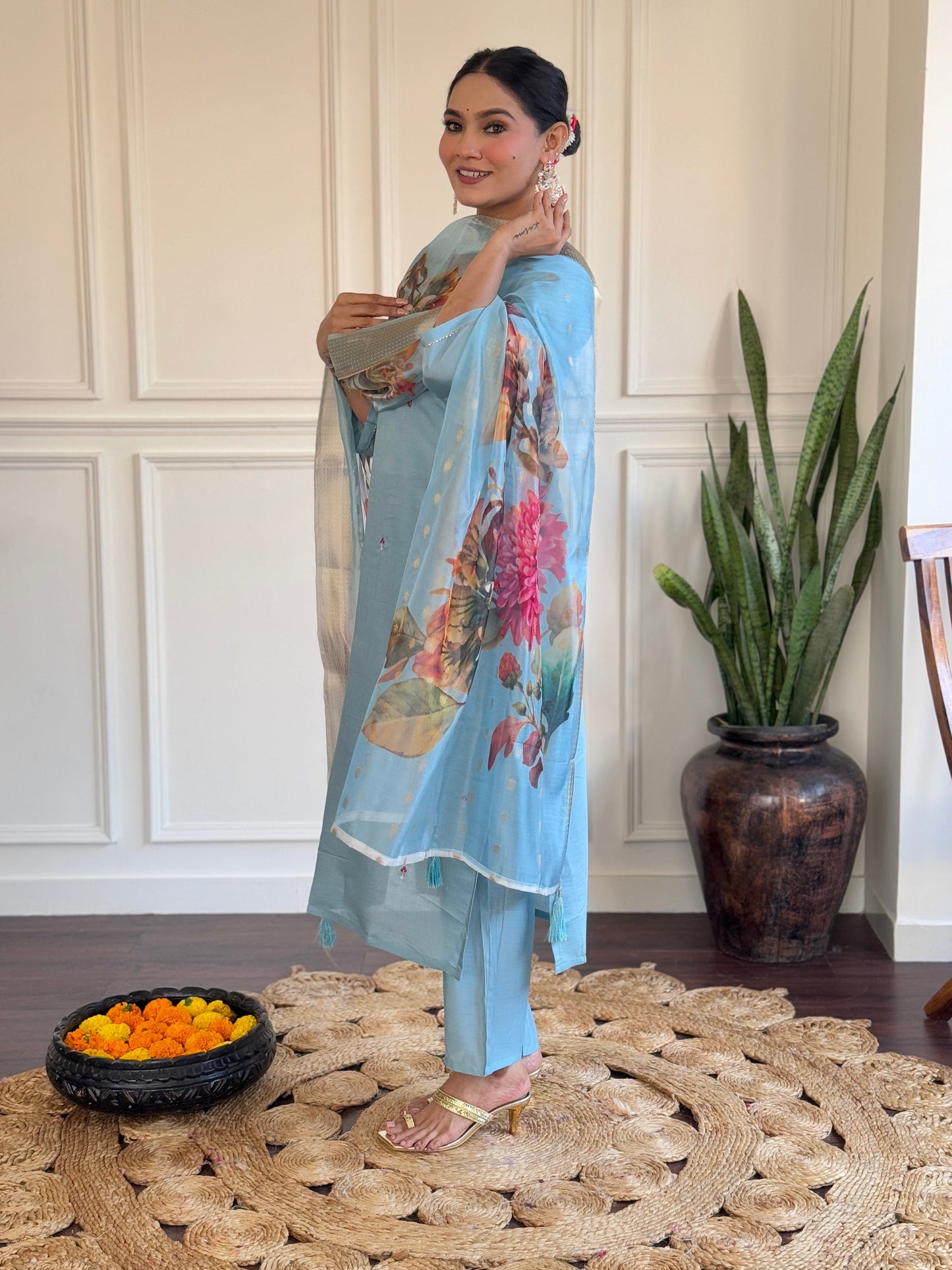 Step into elegance with this pastel blue Kurti set, featuring delicate embroidery and a beautifully printed dupatta