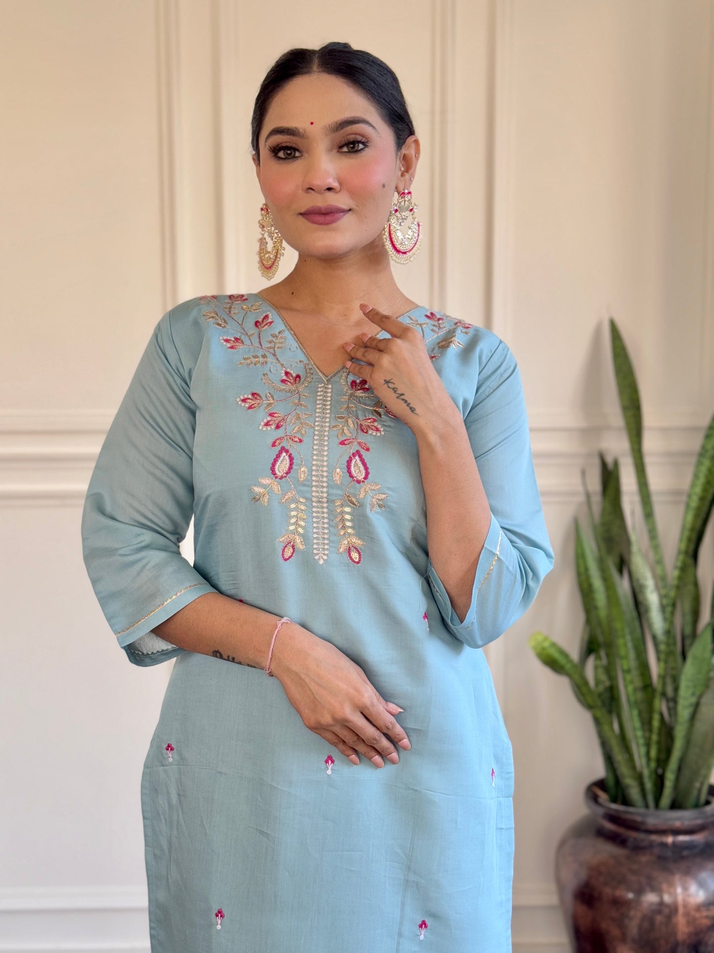 Step into elegance with this pastel blue Kurti set, featuring delicate embroidery and a beautifully printed dupatta