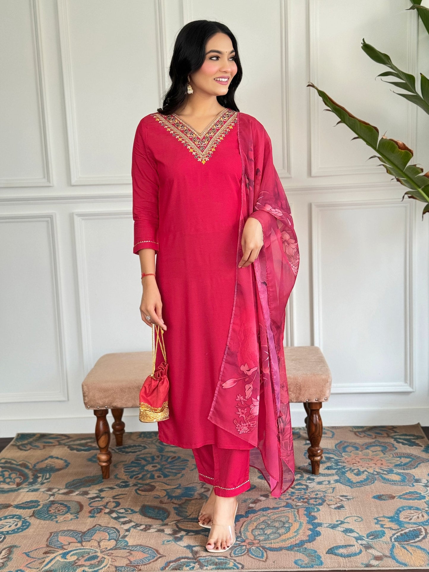 Add a touch of elegance with this stunning red Kurti set, featuring intricate neckline embroidery and a floral printed dupatta