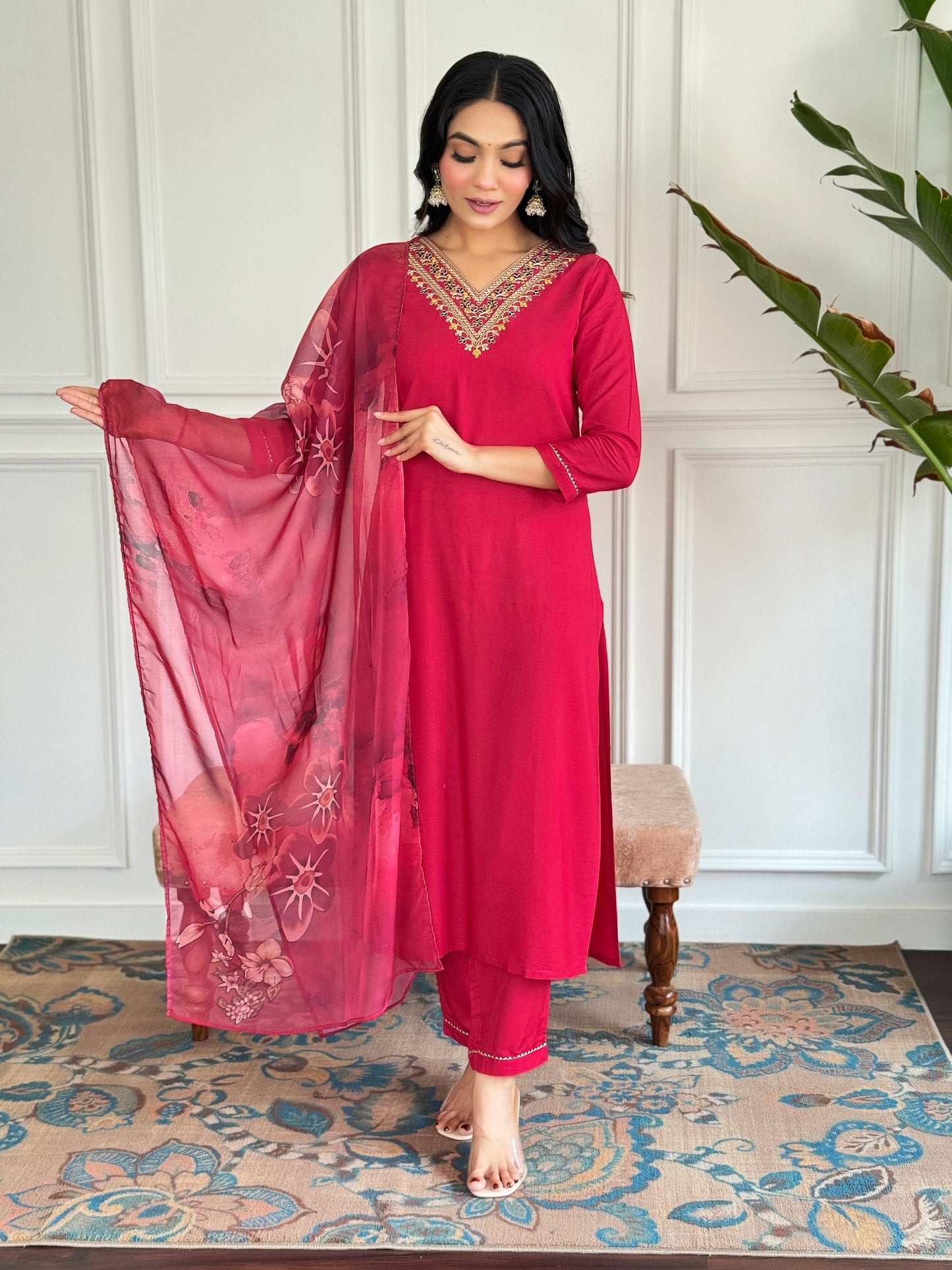 Add a touch of elegance with this stunning red Kurti set, featuring intricate neckline embroidery and a floral printed dupatta