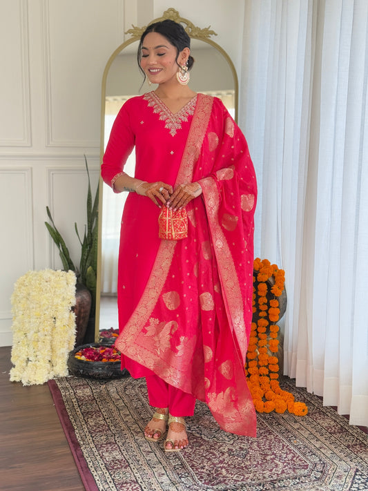 Radiate elegance in this vibrant red kurti set, adorned with intricate embroidery and a rich Banarasi dupatta