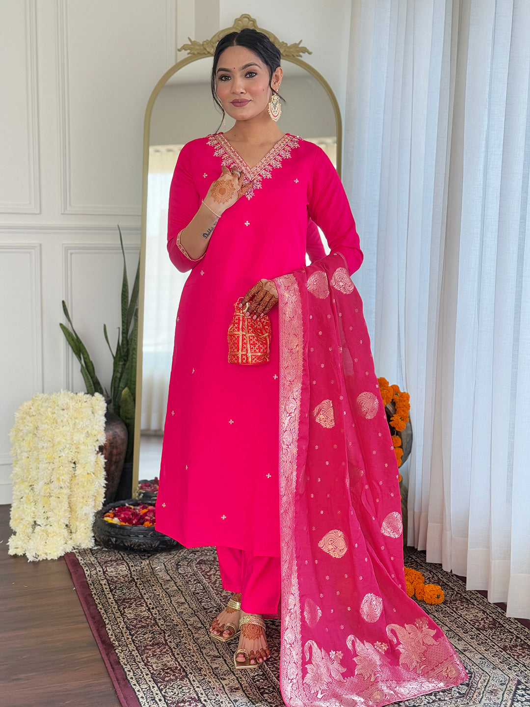 Radiate elegance in this vibrant red kurti set, adorned with intricate embroidery and a rich Banarasi dupatta