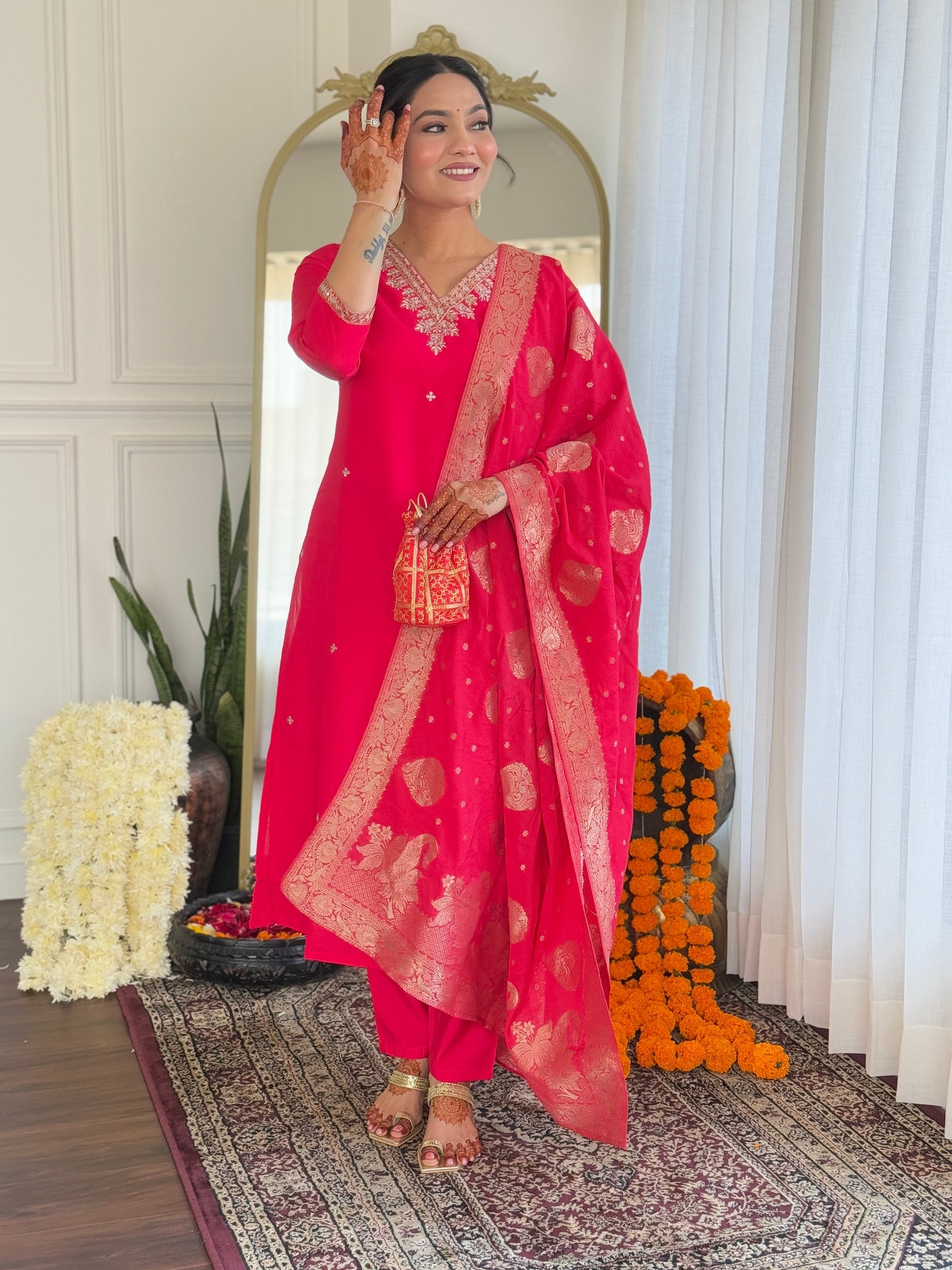 Radiate elegance in this vibrant red kurti set, adorned with intricate embroidery and a rich Banarasi dupatta