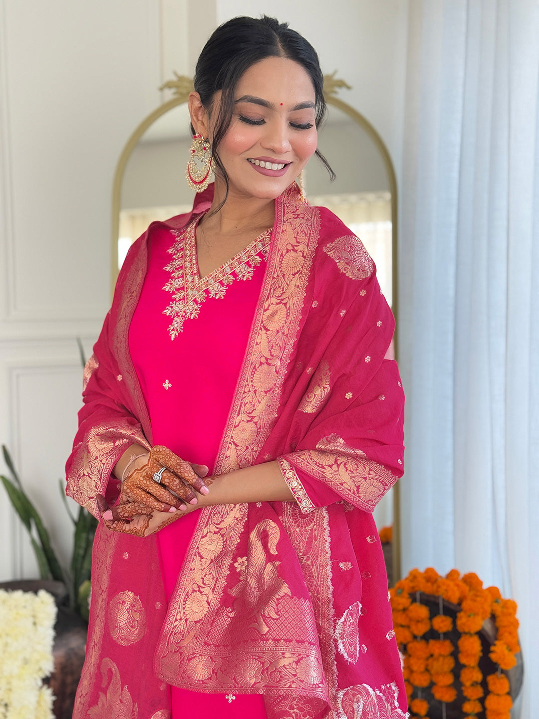 Radiate elegance in this vibrant red kurti set, adorned with intricate embroidery and a rich Banarasi dupatta