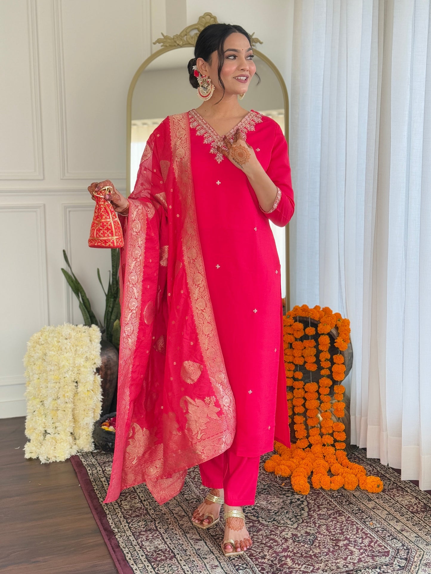 Radiate elegance in this vibrant red kurti set, adorned with intricate embroidery and a rich Banarasi dupatta