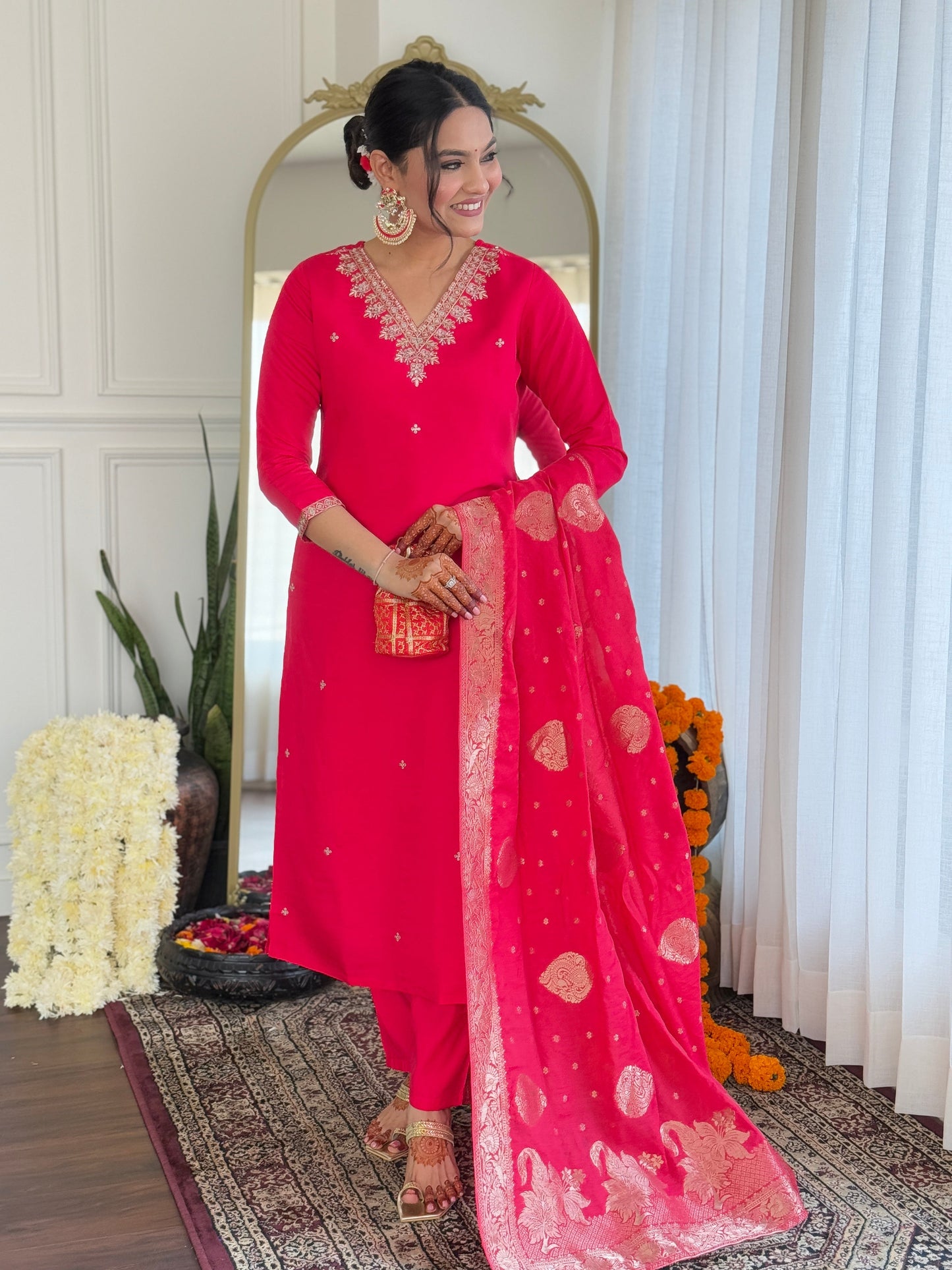 Radiate elegance in this vibrant red kurti set, adorned with intricate embroidery and a rich Banarasi dupatta