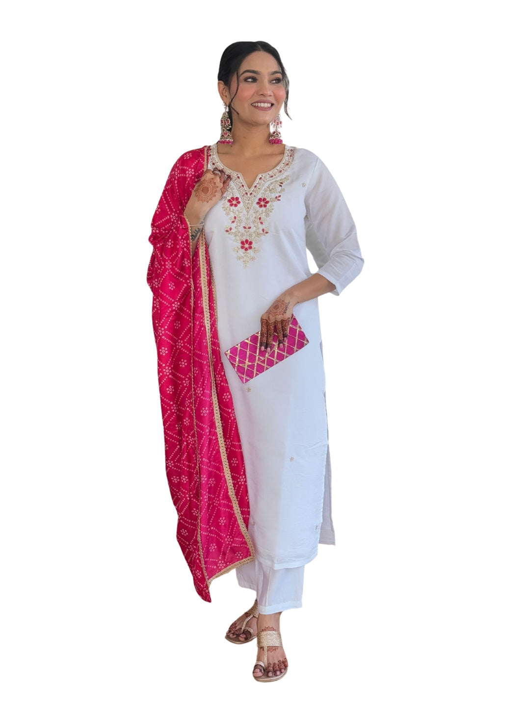 Elevate your elegance with this stunning white kurti set, adorned with intricate embroidery and paired with a vibrant pink bandhani dupatta