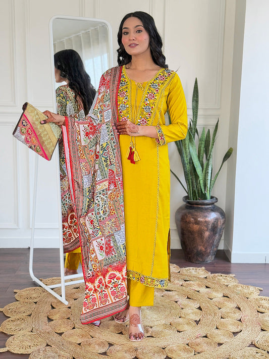 Brighten up your wardrobe with this stunning mustard yellow kurti set, featuring intricate multicolor embroidery and a beautifully detailed dupatta.