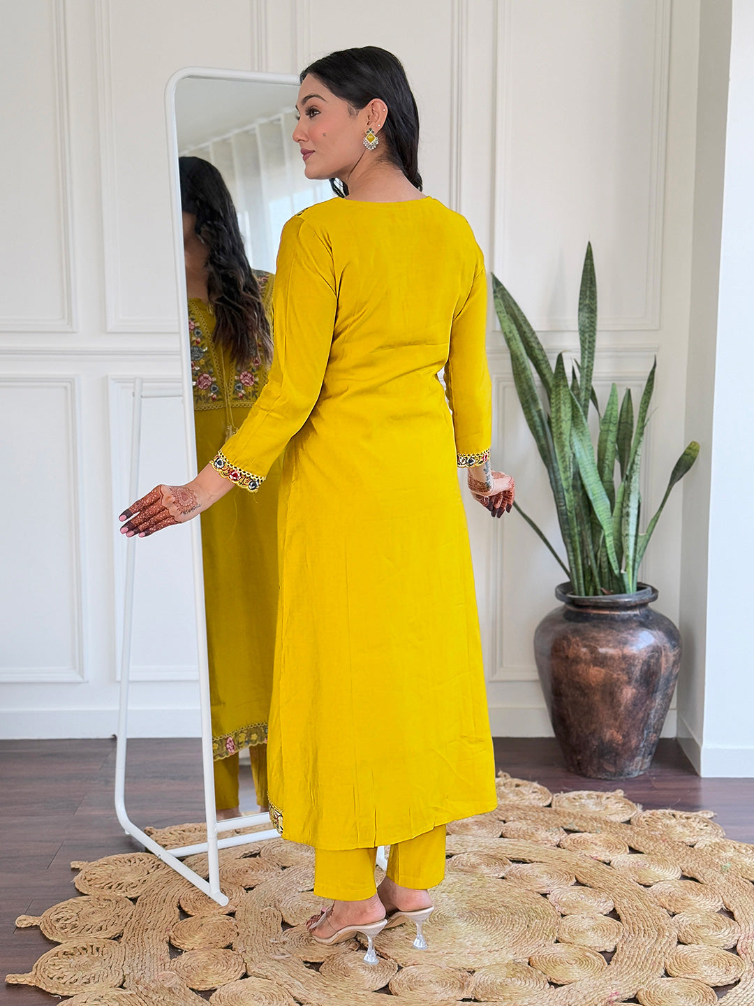 Brighten up your wardrobe with this stunning mustard yellow kurti set, featuring intricate multicolor embroidery and a beautifully detailed dupatta.