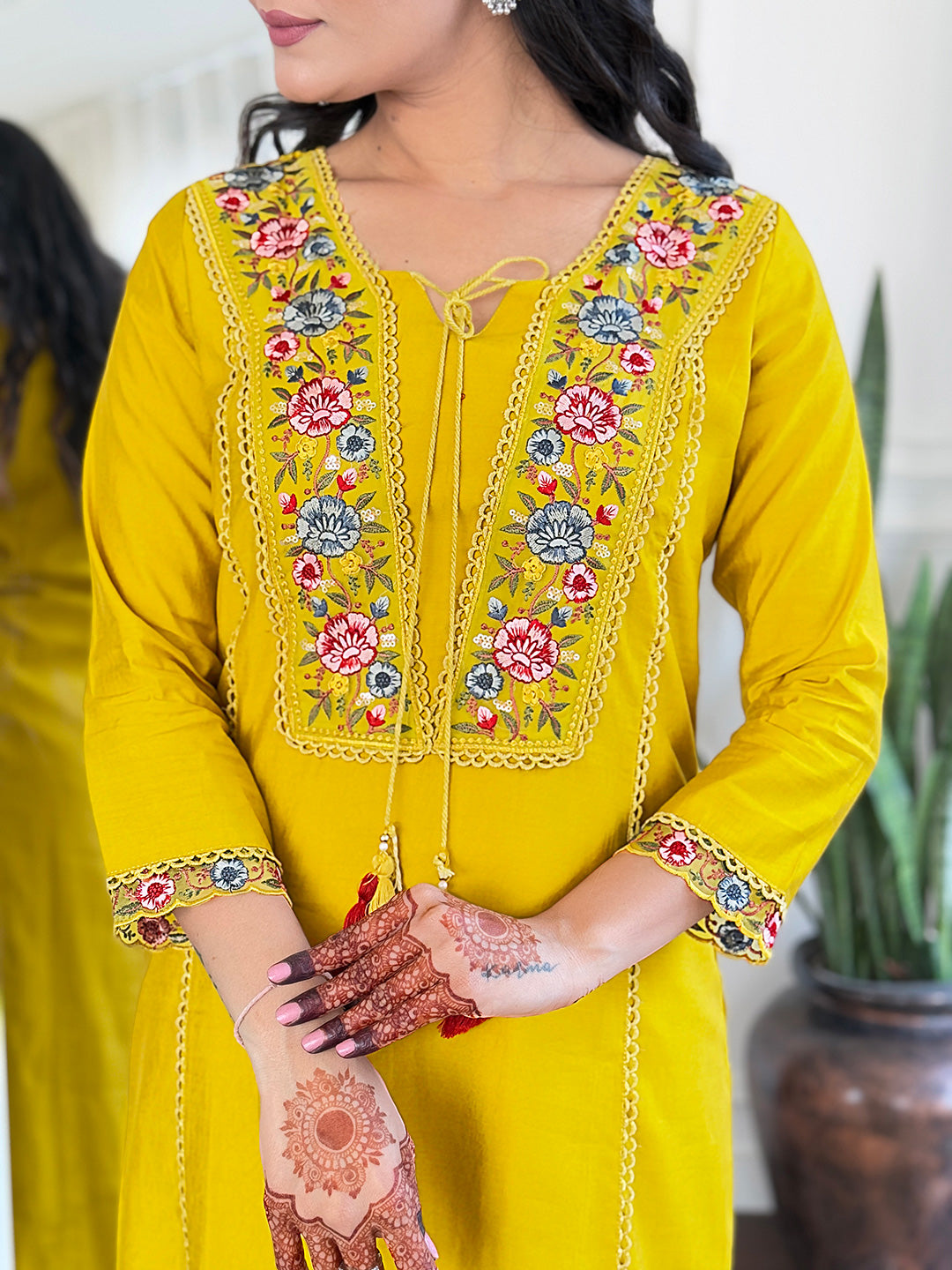 Brighten up your wardrobe with this stunning mustard yellow kurti set, featuring intricate multicolor embroidery and a beautifully detailed dupatta.