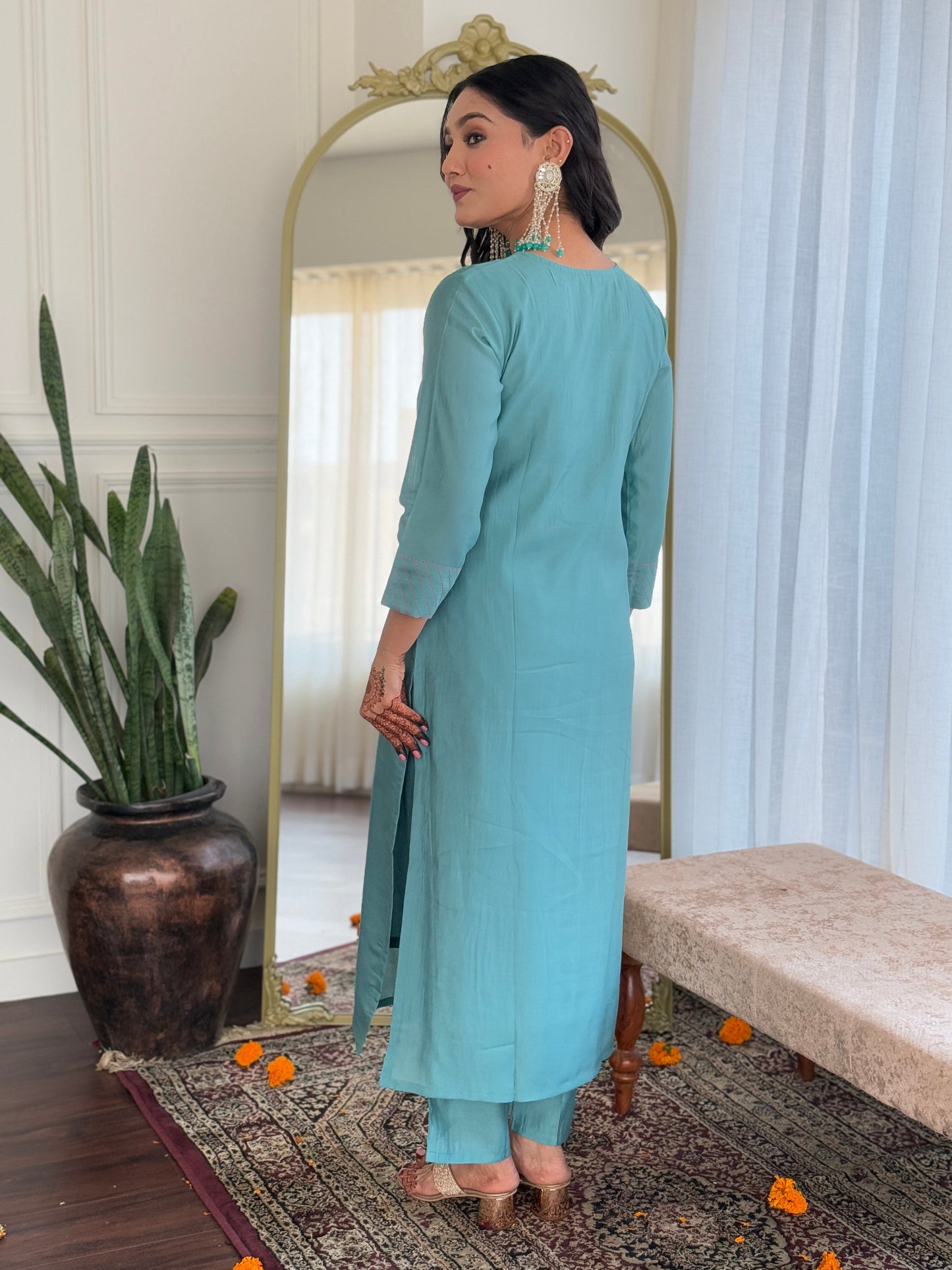 Elevate your wardrobe with this elegant teal kurti set, adorned with delicate embroidery and a matching dupatta for a refined look