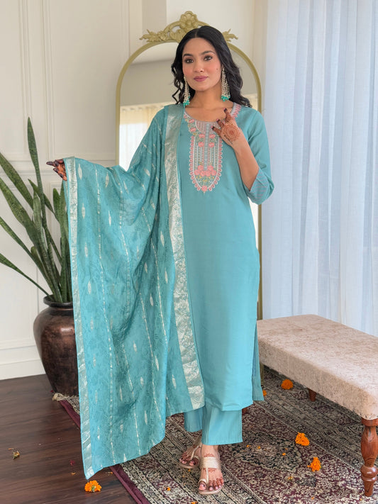 Elevate your wardrobe with this elegant teal kurti set, adorned with delicate embroidery and a matching dupatta for a refined look