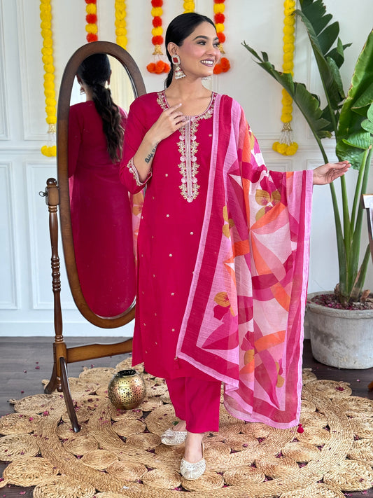 Radiate elegance with this stunning pink kurti set, adorned with delicate embroidery and paired with a vibrant printed dupatta