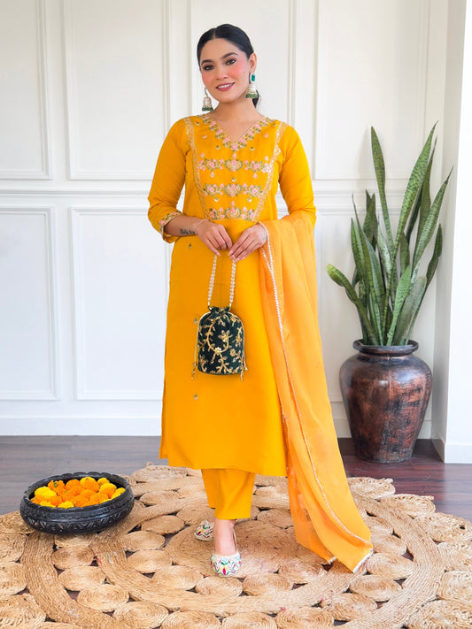 Brighten up your wardrobe with this stunning yellow kurti set, adorned with intricate floral embroidery and a graceful dupatt