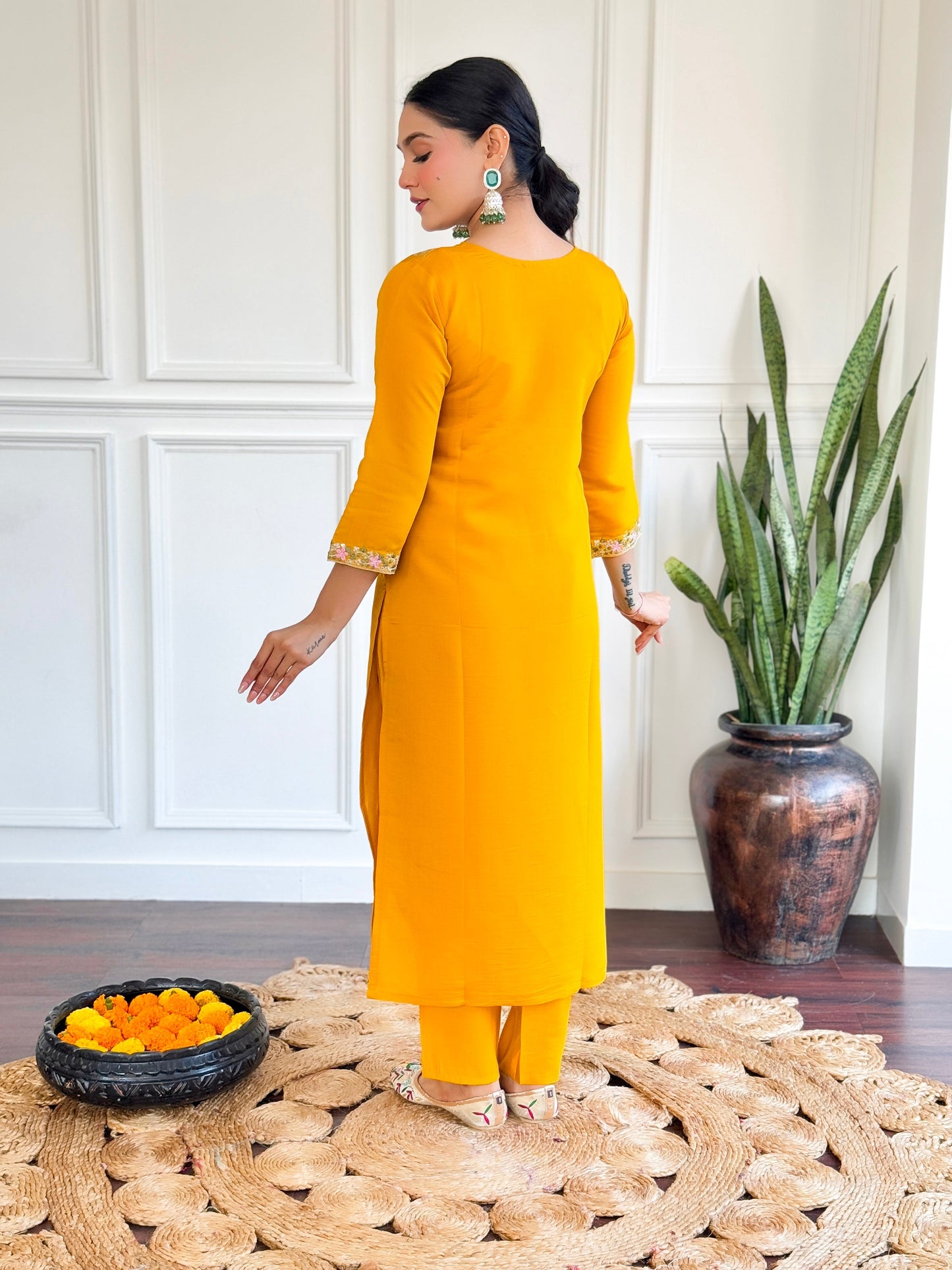 Brighten up your wardrobe with this stunning yellow kurti set, adorned with intricate floral embroidery and a graceful dupatt