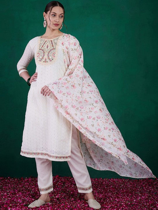 Embrace elegance with this exquisite white kurti set, featuring delicate mirror work, intricate embroidery, and a floral-printed dupatta