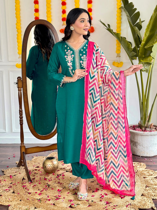 Add a pop of elegance to your wardrobe with this vibrant green kurti set. Featuring delicate floral embroidery