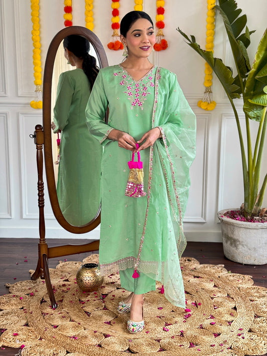 Step into elegance with this pastel green kurti set, adorned with delicate pink floral embroidery and shimmering accents