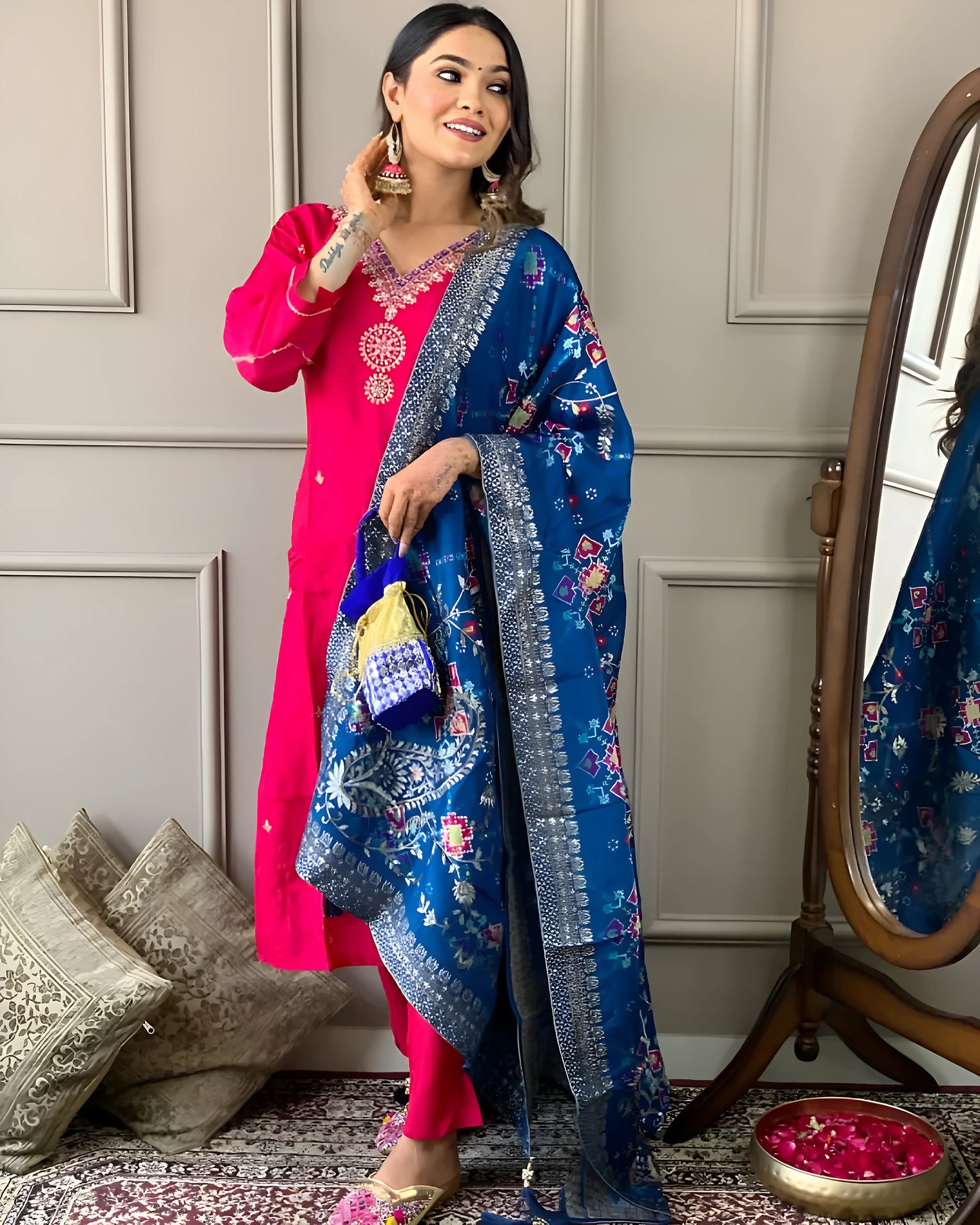 Embrace elegance with this stunning fuchsia pink kurti set, featuring delicate embroidery and a contrasting deep blue dupatta with intricate patterns